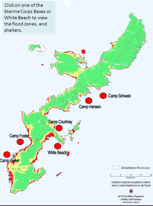 Okinawa Tsunami flood zones and shelters